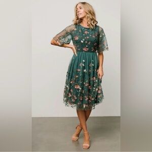 NEW Baltic Born Duchess Tull Floral Embroidered Midi Dress Jade Garden Small